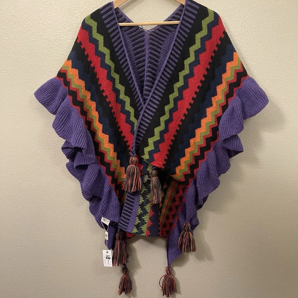 NEW JC Sunny Maximalist Boho Poncho Shawl Wrap Tassels Ruffles Colorful Ethnic